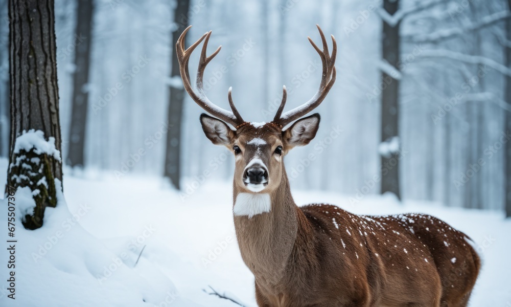 Beautiful Deer male with big horns in the winter snowy forest. Winter natural background. Christmas image. Sunny and frosty winter day Beautiful Deer male with big horns in the winter snowy forest. Winter natural background. Christmas image. Sunny and frosty winter day