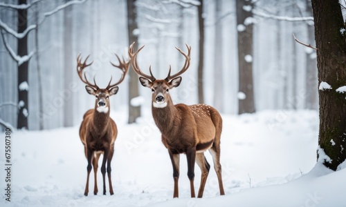 Beautiful Deer male with big horns in the winter snowy forest. Winter natural background. Christmas image. Sunny and frosty winter day © useful pictures