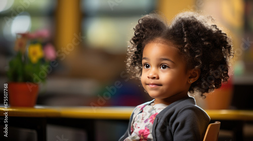 Portrait of a little schoolgirl on the background of the school room