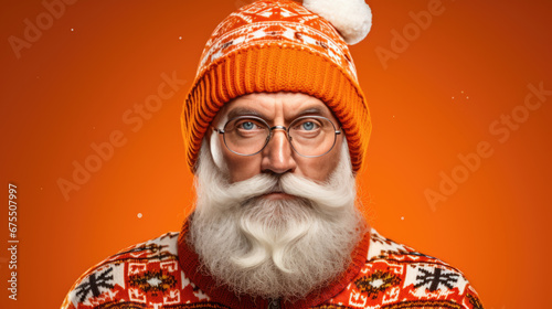 A hipster man dressed in a festive Christmas sweater and Santa hat with a thick white beard, smiling against a solid orange background.