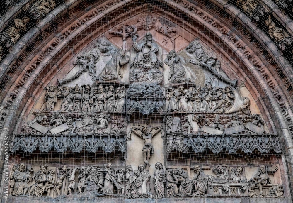 Closeup of the west facade of St. Lorenz, in Nuremberg, Germany