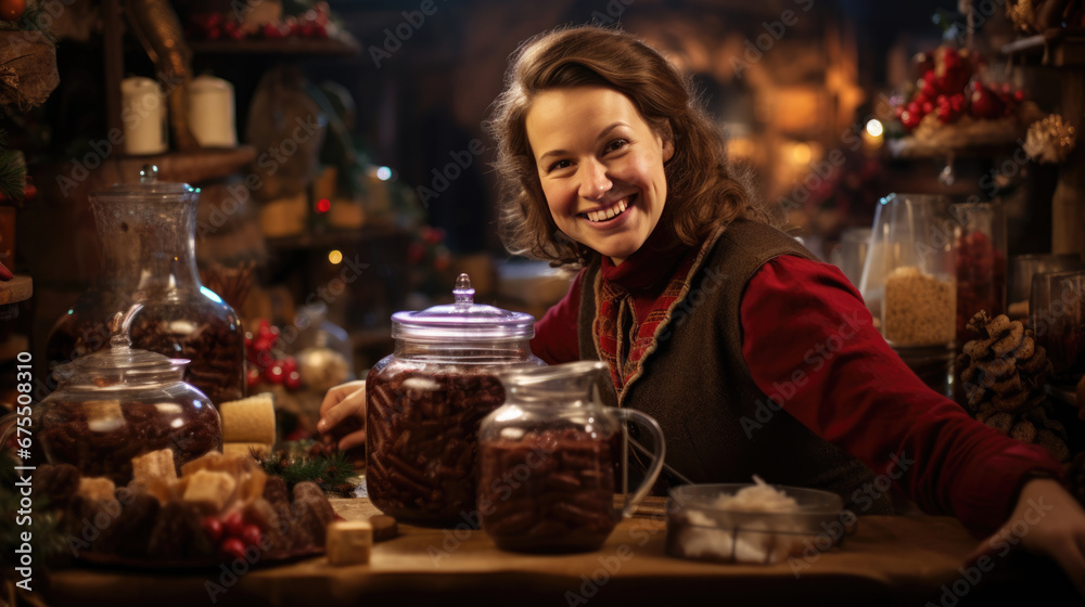 A smiling woman at an outdoor Christmas fair stand at night, surrounded by warm bokeh lighting