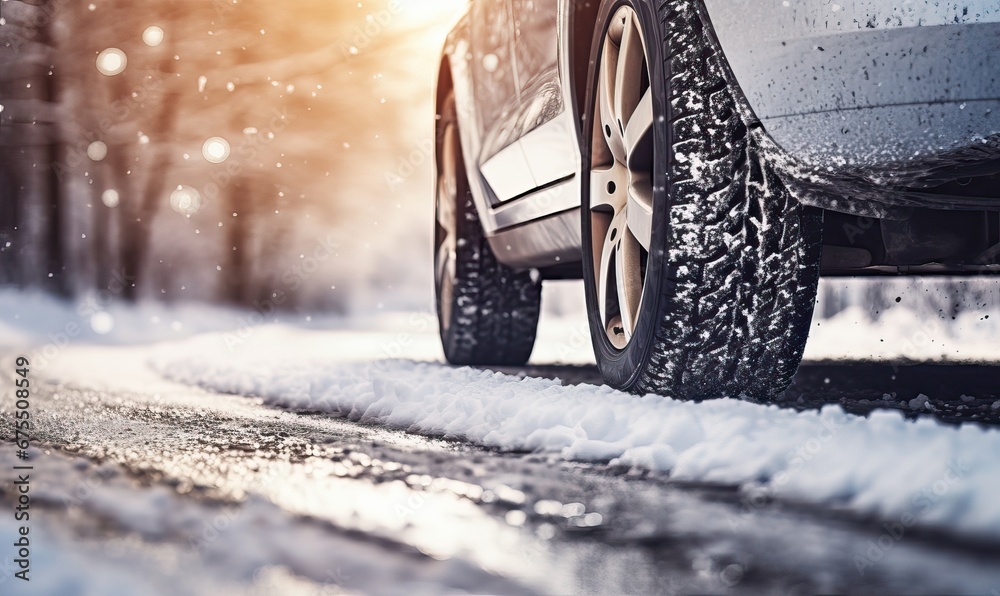 Naklejka premium Winter tire. SUV car on snow road. Tires on snowy highway detail. close up view. Space for text. The concept of family travel to a ski resort. Winter or spring holidays adventures