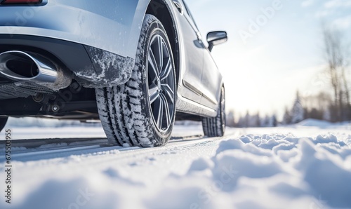 Winter tire. SUV car on snow road. Tires on snowy highway detail. close up view. Space for text. The concept of family travel to a ski resort. Winter or spring holidays adventures © Eli Berr