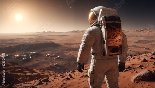 astronaut stands on planet Mars and looks at the new settlement