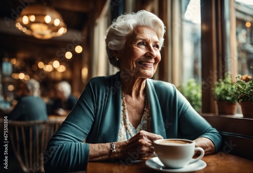 Portrait Senior white haired woman sitting at cafe table holding a coffee and milk glass, elderly lady in casual dress smiling positive. Elderly good looking woman drinking coffee photo
