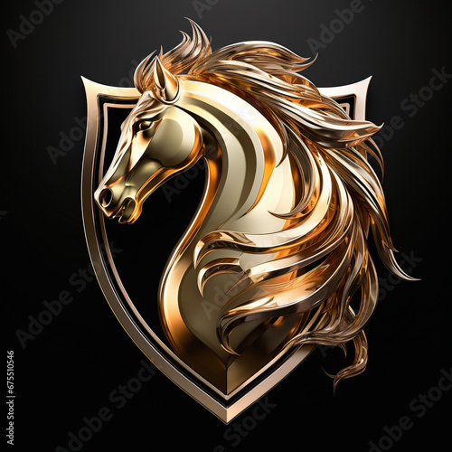 sheild, vibrant gold, UHD, use of a horse head, symbolizing strenth, security power photo