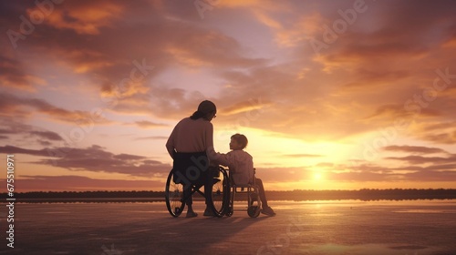A beautiful little boy with a disability walks in a wheelchair with his mom at sunset. A child with disabilities :