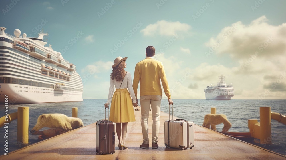 A young couple with suitcases against the backdrop of a cruise ship goes on a sea voyage.  - obrazy, fototapety, plakaty 