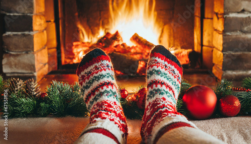 Feet in woollen socks by the Christmas fireplace
