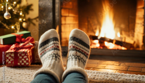 Feet in woollen socks by the Christmas fireplace © Giuseppe Cammino
