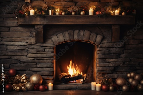 Cozy Winter Fire. Warm Stone Fireplace with Decorations and Red Ornaments. Christmas and Travel Background for a Cozy Holiday Atmosphere.