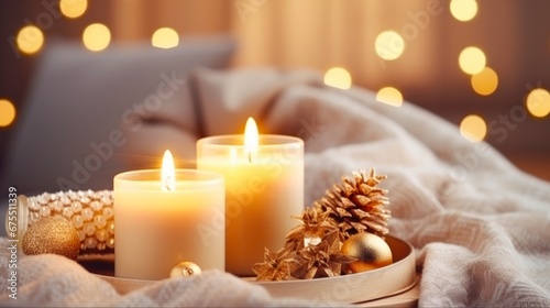 Cozy Hygge for Christmas: Warm Plaid, Burning Candles, and Festive Decorations on Wooden Tray. Shiny Gold Accents for a Happy and Merry Holiday Season
