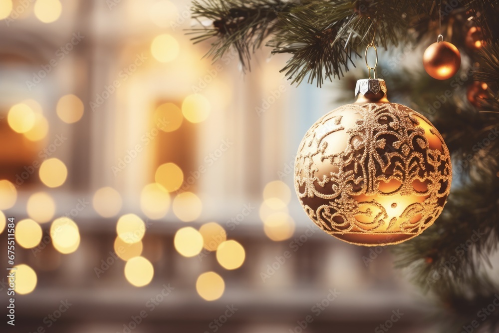 Hospital Christmas: Close-Up of Beautiful Bauble Hanging on Christmas Tree with Bokeh Background Hospital Christmas: Close-Up of Beautiful Bauble Hanging on Christmas Tree with Bokeh Background