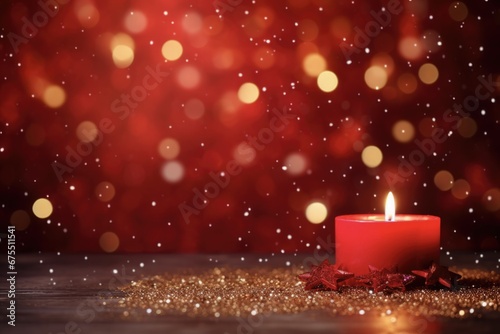 Holiday Background: Abstract Christmas Celebration with Stars, Candles, and Red Lights photo