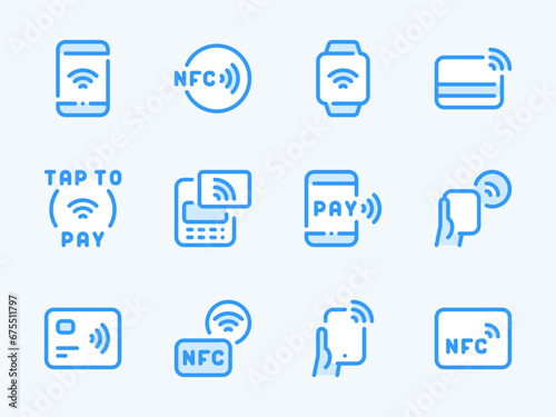 NFC and Contactless Payment vector line icons. Credit Card and Cashless Purchase outline icon set. Wireless Payment, Tap to Pay, Pos Terminal, Send Money and more. © NikWB
