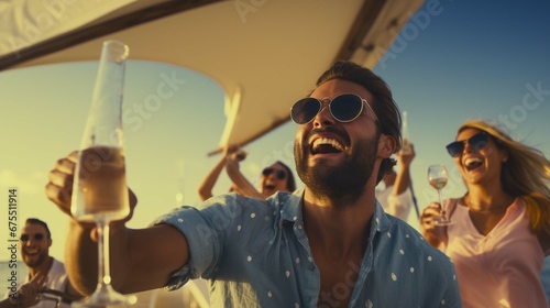 Group of diverse friends drink champagne while having a party in yacht. Attractive young men and women hanging out, celebrating holiday vacation trip while catamaran boat sailing