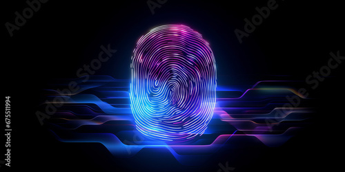 Concept Protect personal data banner. Security system with fingerprint on cyber technology neon background photo