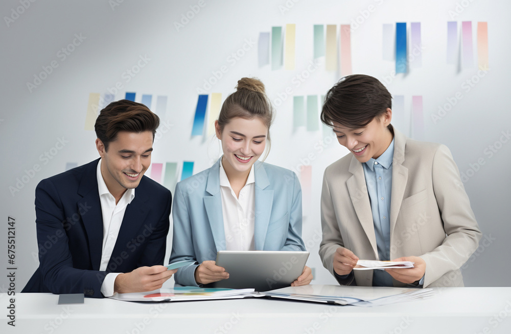 Fototapeta premium White-collar office employees, both men and women, engage in a focused workshop, diligently discussing the year's plan with color-coded identification papers on the table. Generative AI.