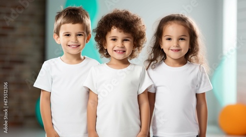 Little two boys and girl wearing white t-shirts standing in front of colorful background, blank shirts with no print, 3 years old smiling toddlers, photo for apparel mock-up photo