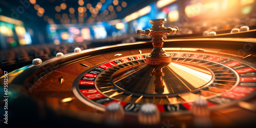 Casino roulette wheel in motion, Banner colorful background photo