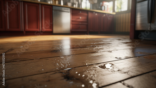 Flooded floor in kitchen from water leak. Damage , Property insurance concept