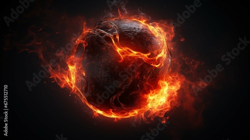 The ball of fire appears almost suspended in the darkness, its flames illuminating the blackness around it with a fiery glow.