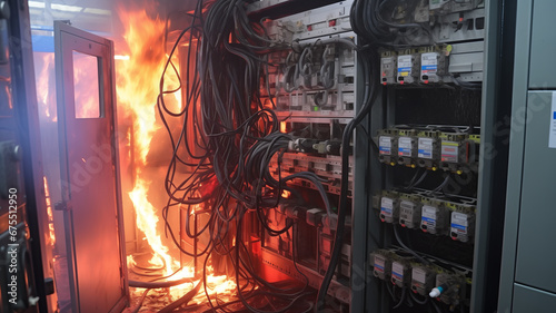 Industrial Electrical panel on fire, short circuit and junction cable box fire in house appartment or factory photo