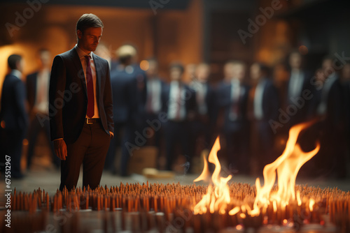 Man in business suit with burnout head on work place in office. Concept of mental shock overload, stress and depressed photo