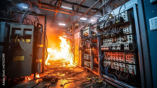 Industrial Electrical panel on fire, short circuit and junction cable box fire in house appartment or factory photo