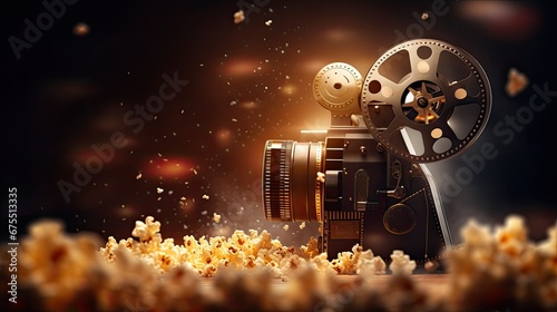 cinema tape, popcorn box and film projector on the dark background photo