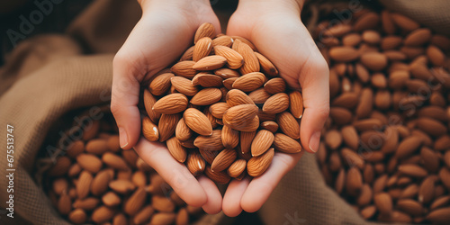 Hands with almonds. Sack full of nuts prepared for easy snack bag. Consuming local commerce in small businesses and cooperatives that produce organic foods.
