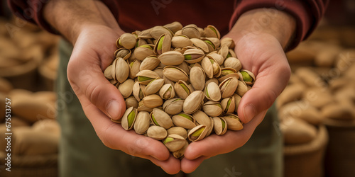 Hands with pistachios in burlap sack on wooden surface. Sack full of nuts prepared for easy snack bag. Consuming local commerce in small businesses and cooperatives that produce organic foods.