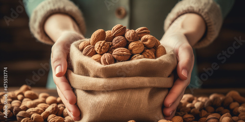Hands with walnuts in burlap sack on wooden surface. Sack full of nuts prepared for easy snack bag. Consuming local commerce in small businesses and cooperatives that produce organic foods.