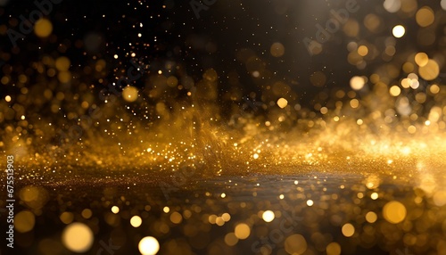 Digital gold color particles flow with dust and bokeh background