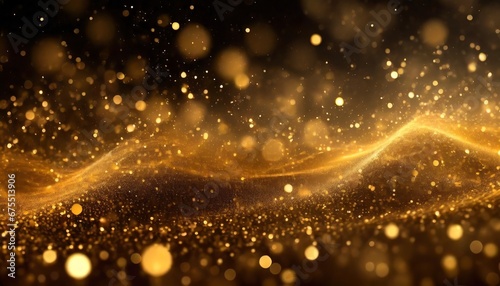 Digital gold color particles flow with dust and bokeh background