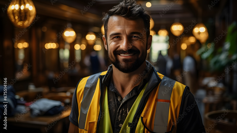 Engineer handsome young smart guy civil worker in helmet and vest very excited of work, smiling, inside a construction building Engineer handsome young smart guy civil worker in helmet and vest very excited of work, smiling, inside a construction building