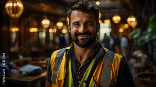 Engineer handsome young smart guy civil worker in helmet and vest very excited of work, smiling, inside a construction building © Ekaterina