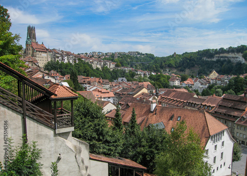 Freiburg with its medieval old town. In the foreground the funicular. Switzerland