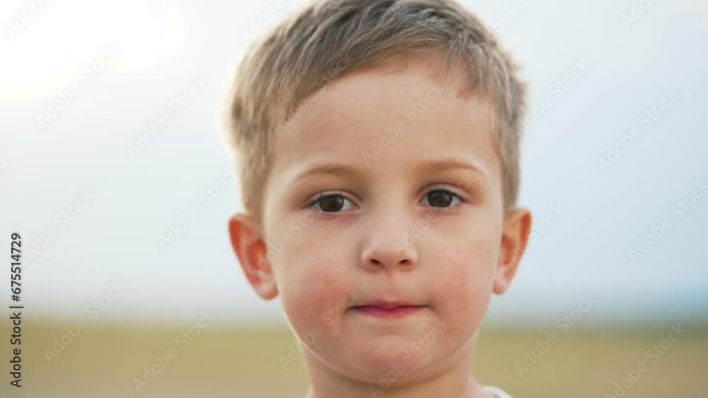 Portrait of a child. Cheerful happy kid boy in summer park at sunset. Dream kid child look into the camera on nature in the park. Toddler child playing outdoors on green grass portrait. Happy child Portrait of a child. Cheerful happy kid boy in summer park at sunset. Dream kid child look into the camera on nature in the park. Toddler child playing outdoors on green grass portrait. Happy child