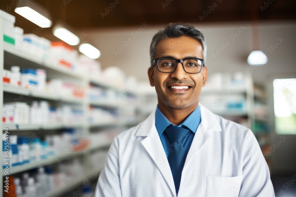 A indian man pharmacist on the background of shelves with medicines
