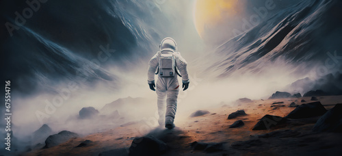 illustrazione di astronauta nella tuta spaziale che cammina in una valle satura di nebbie e vapori, grande pianeta all'orizzonte photo