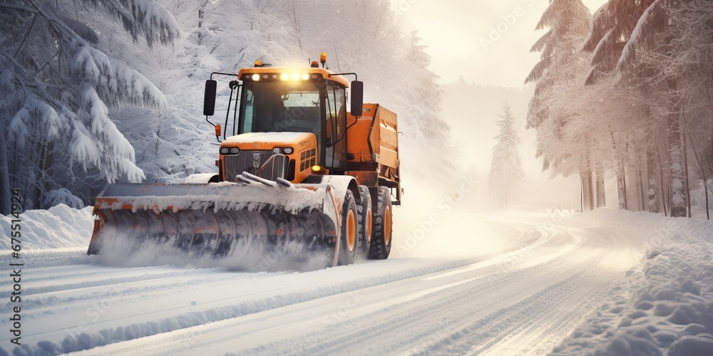 Snowplow removing snow from a road during a winter blizzard or snowstorm. Concept of traffic in blizzard and snow removal. Shallow field of view. Snowplow removing snow from a road during a winter blizzard or snowstorm. Concept of traffic in blizzard and snow removal. Shallow field of view.