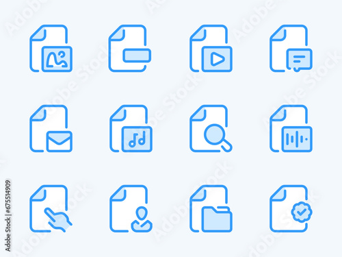 Document Type and File Format vector line icons. Library Settings and Catalog Configurations outline icon set. Image, Video, Mail, Profile, Folder, Audio, Message, Search and more.
