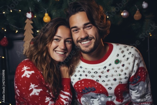 Lovely Couple Celebrating Christmas in Playful Ugly Sweaters. Attractive Woman and Handsome Man Enjoying Christmas Celebration with Cheery Eye Contact