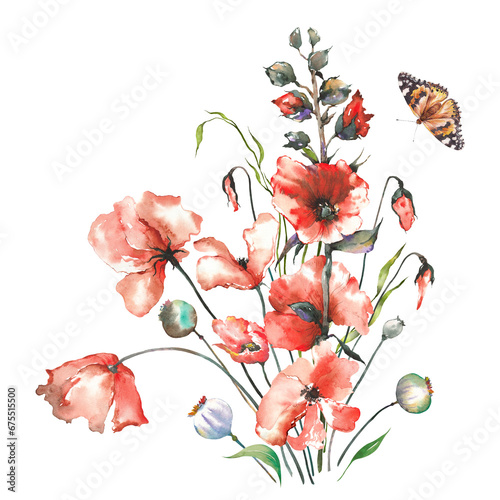 Poppy flower arrangement. Watercolor wildflowers illustration isolated on white background.