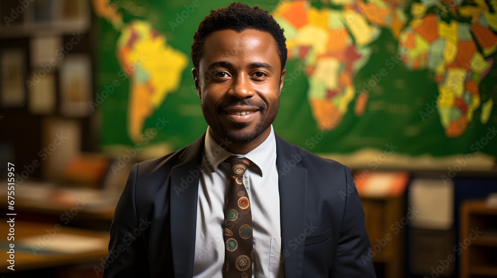 portrait of a teacher, professor smiling black male teacher in classroom world map poster in the background portrait of a teacher, professor smiling black male teacher in classroom world map poster in the background
