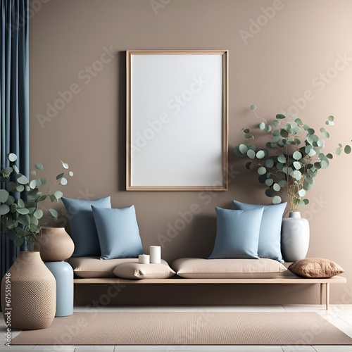 modern living room bench mockup with blank empty frames, blue and beige pillows, and eucalyptus plants.