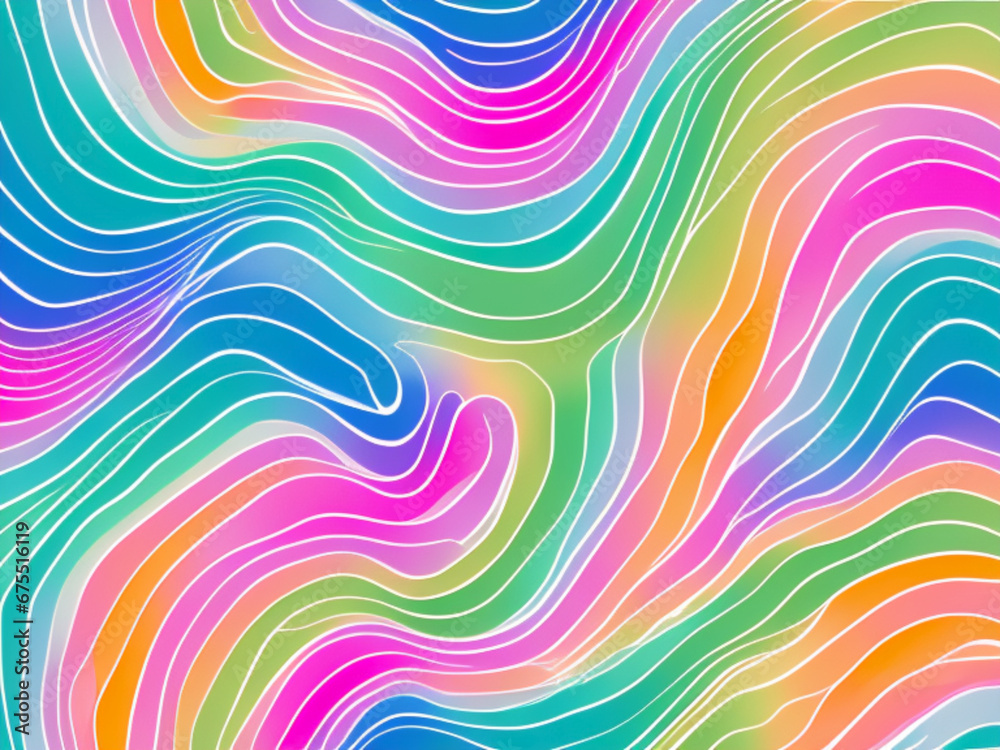 Motley pied stripes, waves, lines, curls and bumps. Abstract beautiful background. Soft voluminous wavy lines of different color. Ripple movement fluctuation. Colorful background. Generated by AI.