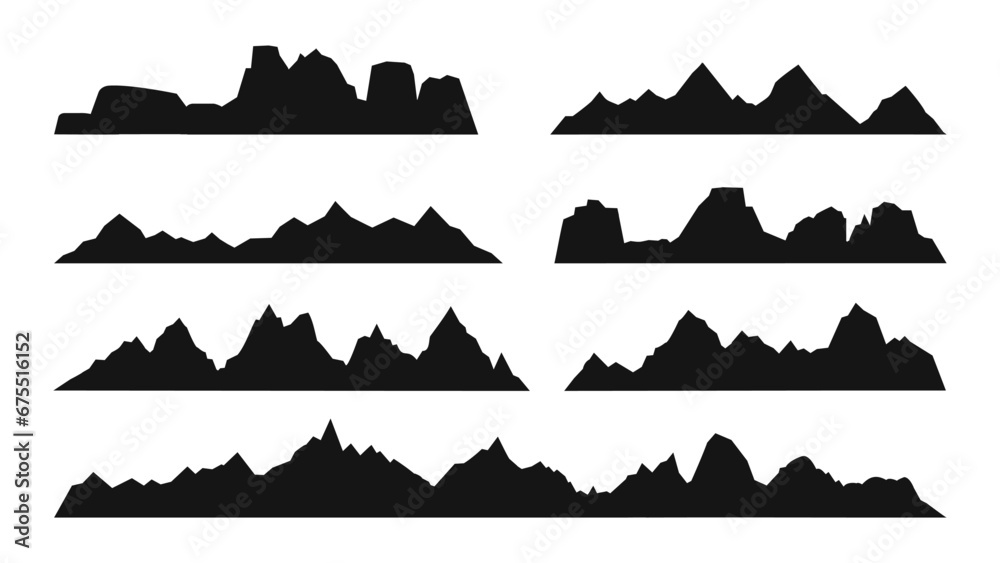 Mountain rock silhouettes. Rocks peaks, black mountains landscape shapes. Cliffs and hills valley. Adventure or sport climbing, decent nature vector set